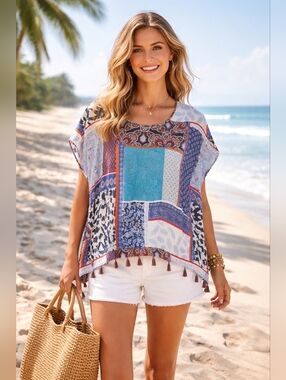 2CHIC Boho Patchwork Poncho Tassel Tunic One Size Festival Kimono Top-Fits S-XL